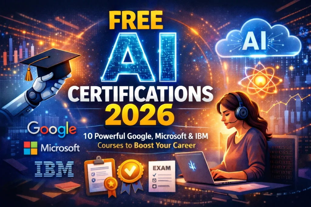 Featured image for Free AI Certifications 2026 showing glowing AI text, a robotic hand holding a graduation cap, a professional working on a laptop, and logos of Google, Microsoft, and IBM representing free AI certification courses.