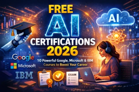Featured image for Free AI Certifications 2026 showing glowing AI text, a robotic hand holding a graduation cap, a professional working on a laptop, and logos of Google, Microsoft, and IBM representing free AI certification courses.